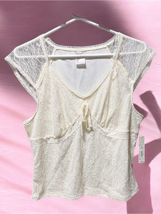 No Boundaries Tops - No Boundaries Cream Lace Cap-Sleeve Tie Front Blouse
